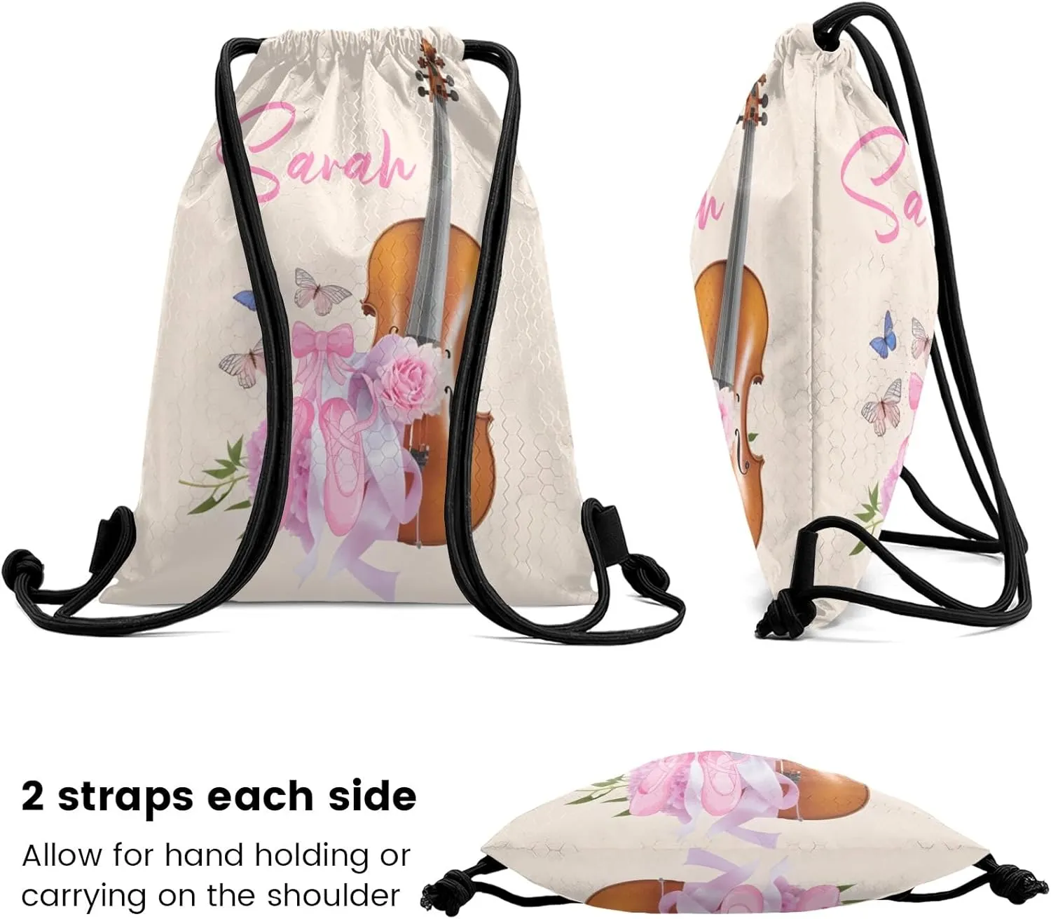 Customized Team Name Personalized Drawstring Bag Pink Ballet Shoes Guitar Music Multifunctional Backpack for Men Women Dance Book Bag