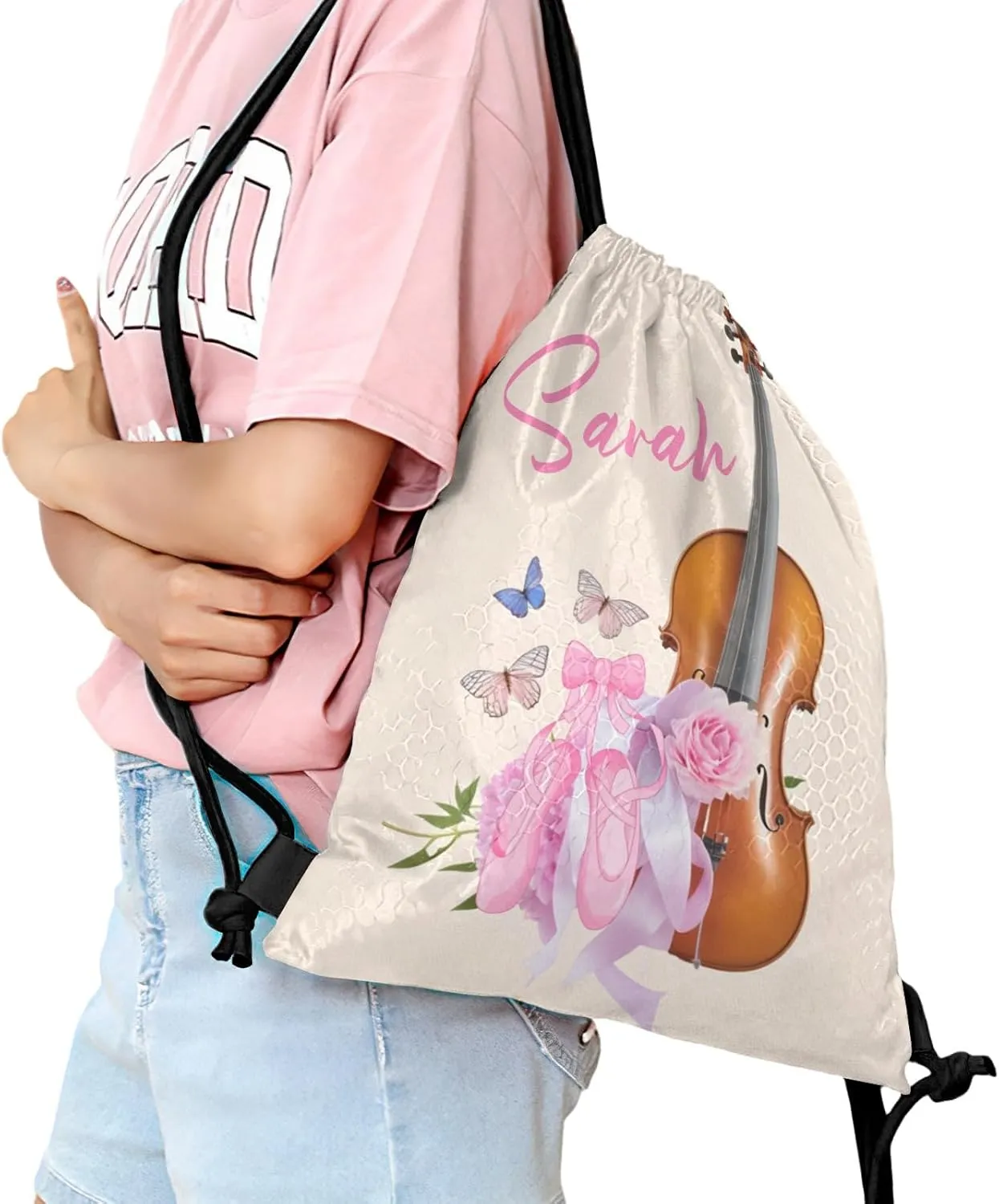 Customized Team Name Personalized Drawstring Bag Pink Ballet Shoes Guitar Music Multifunctional Backpack for Men Women Dance Book Bag