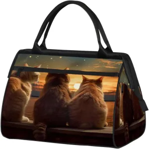 Cute Cats Watching Sunrise Gym Bag for Women Men, Travel Sports Duffel Bag with Trolley Sleeve, Waterproof Sports Gym Bag Weekender Overnight Bag Carry On Tote Bag for Travel Gym Sport