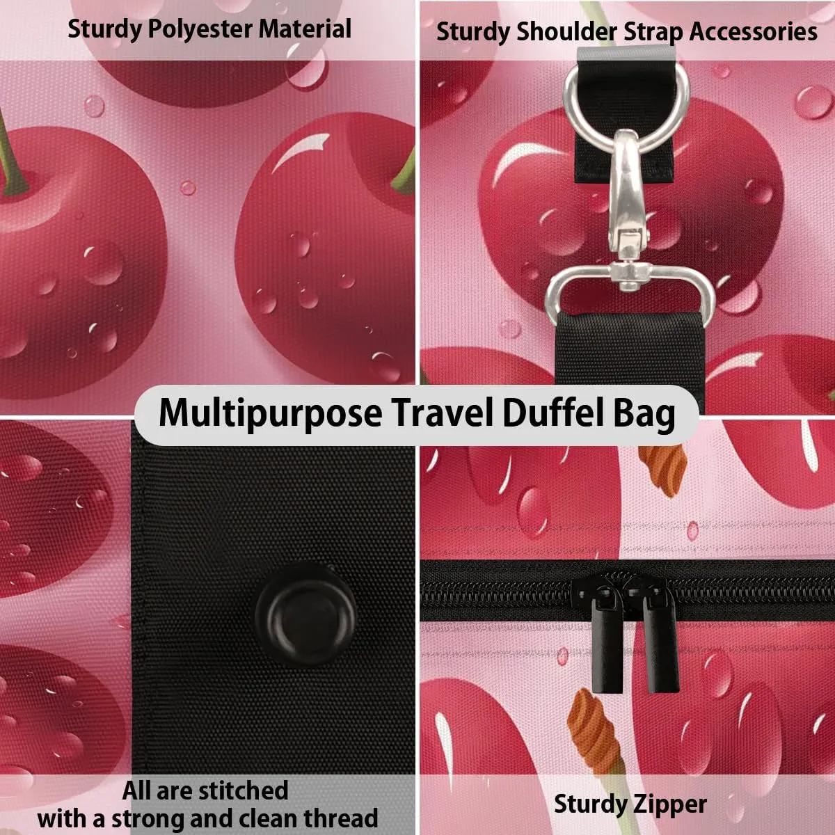Cute Cherry Fruit Travel Duffel Bag for Women Men Waterproof Foldable Overnight Weekender Bag Large Capacity Sports Gym Bag