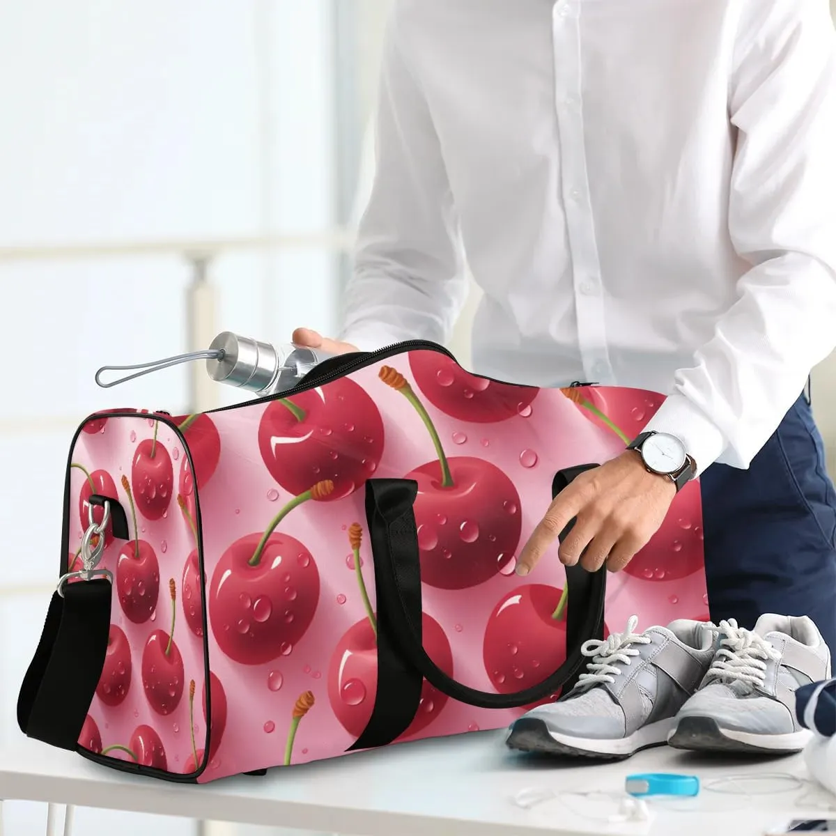 Cute Cherry Fruit Travel Duffel Bag for Women Men Waterproof Foldable Overnight Weekender Bag Large Capacity Sports Gym Bag