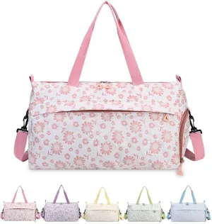 Cute Floral Duffle Bag for Travel,Gym Bag for for Girl/Women,Waterproof Overnight Bag Dance Bag with Shoes Compartment & Wet Pocket,Flower Sports Duffel Bag Weekender Bags (Pink)
