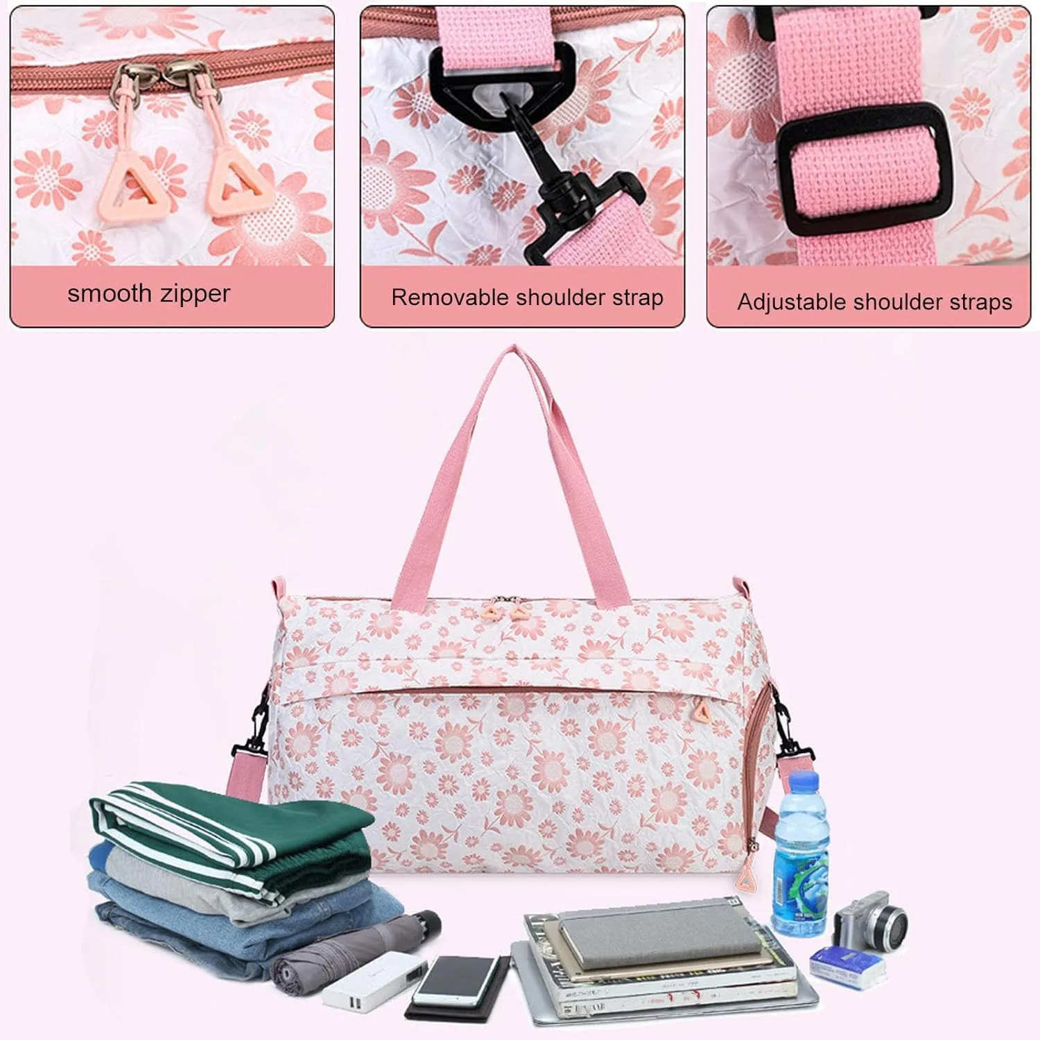 Cute Floral Duffle Bag for Travel,Gym Bag for for Girl/Women,Waterproof Overnight Bag Dance Bag with Shoes Compartment & Wet Pocket,Flower Sports Duffel Bag Weekender Bags (Pink)