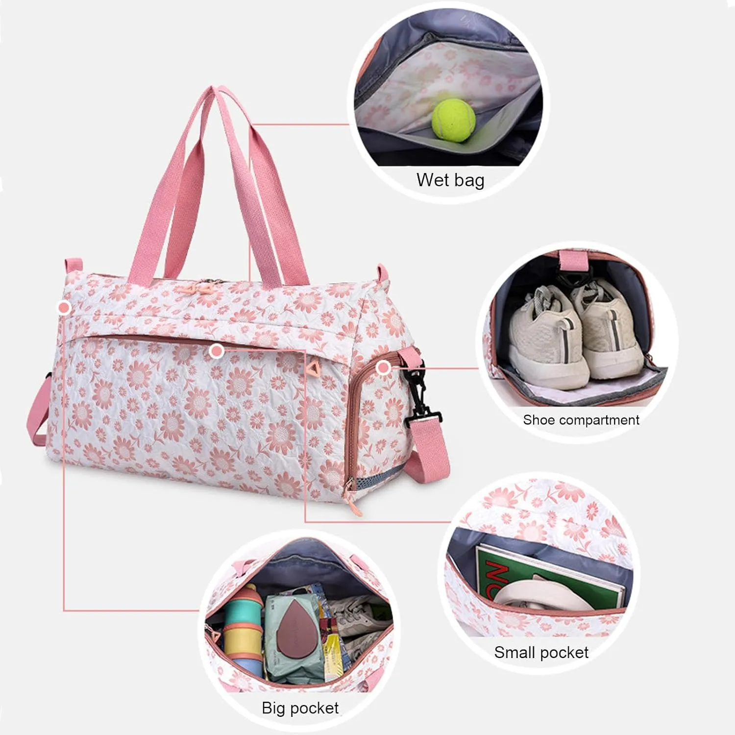 Cute Floral Duffle Bag for Travel,Gym Bag for for Girl/Women,Waterproof Overnight Bag Dance Bag with Shoes Compartment & Wet Pocket,Flower Sports Duffel Bag Weekender Bags (Pink)
