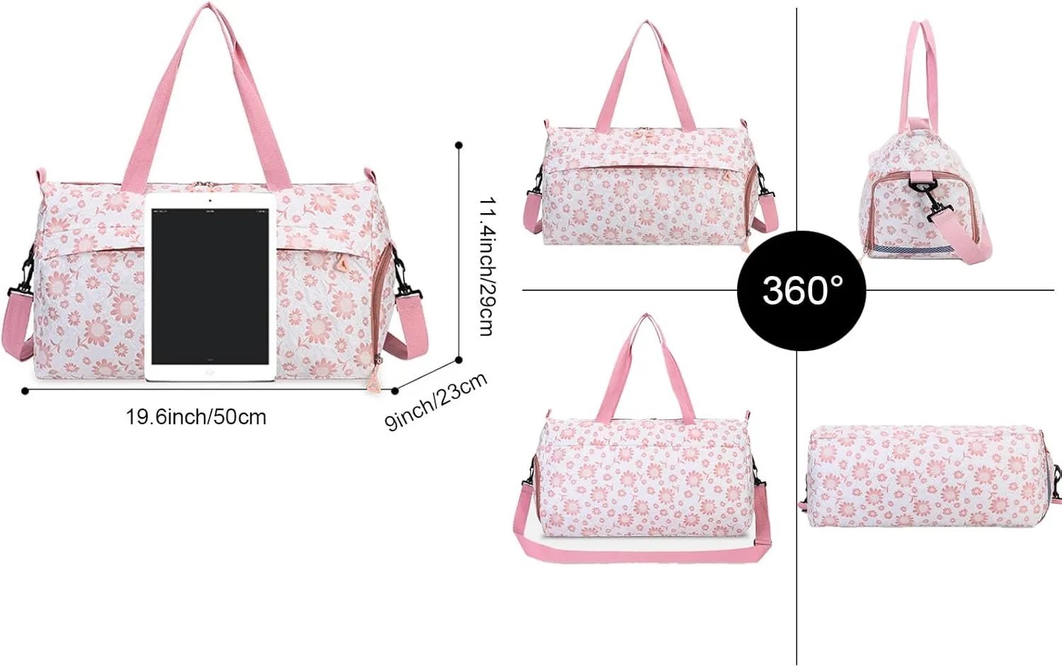 Cute Floral Duffle Bag for Travel,Gym Bag for for Girl/Women,Waterproof Overnight Bag Dance Bag with Shoes Compartment & Wet Pocket,Flower Sports Duffel Bag Weekender Bags (Pink)