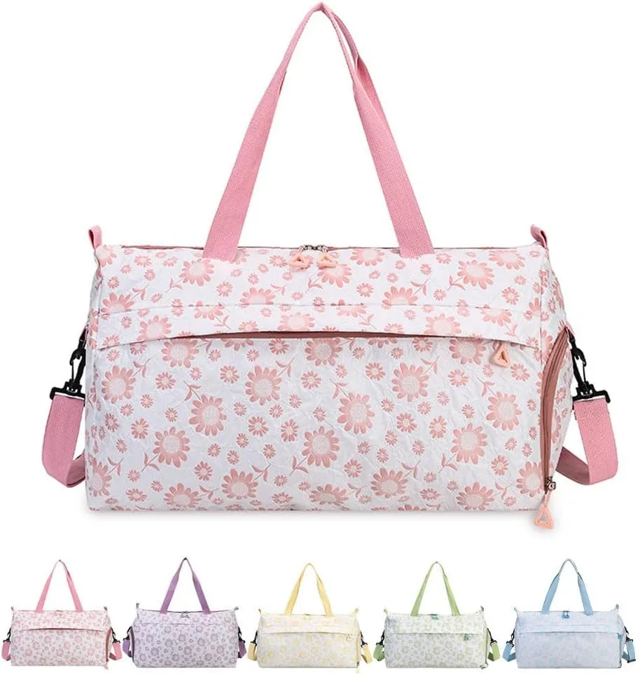 Cute Floral Duffle Bag for Travel,Gym Bag for for Girl/Women,Waterproof Overnight Bag Dance Bag with Shoes Compartment & Wet Pocket,Flower Sports Duffel Bag Weekender Bags (Pink)
