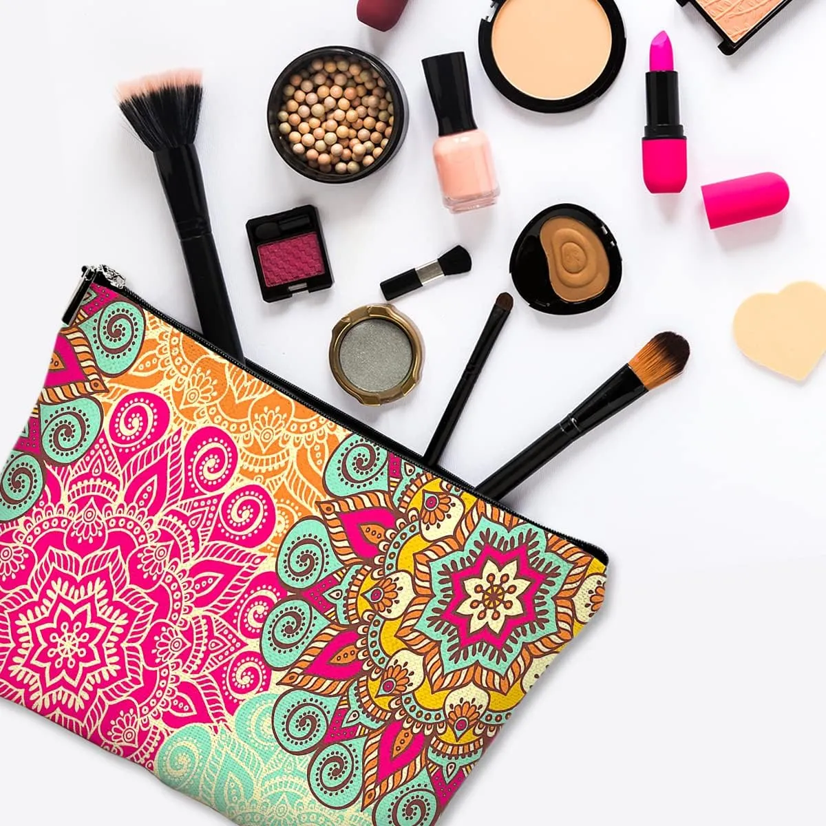 Cute Makeup Bag for Purse Canvas Waterproof Funny Cosmetic Bags for Women Zipper Travel Toiletry Pouch-Boho Flower Makeup Bags