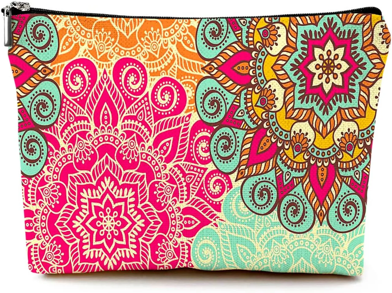 Cute Makeup Bag for Purse Canvas Waterproof Funny Cosmetic Bags for Women Zipper Travel Toiletry Pouch-Boho Flower Makeup Bags