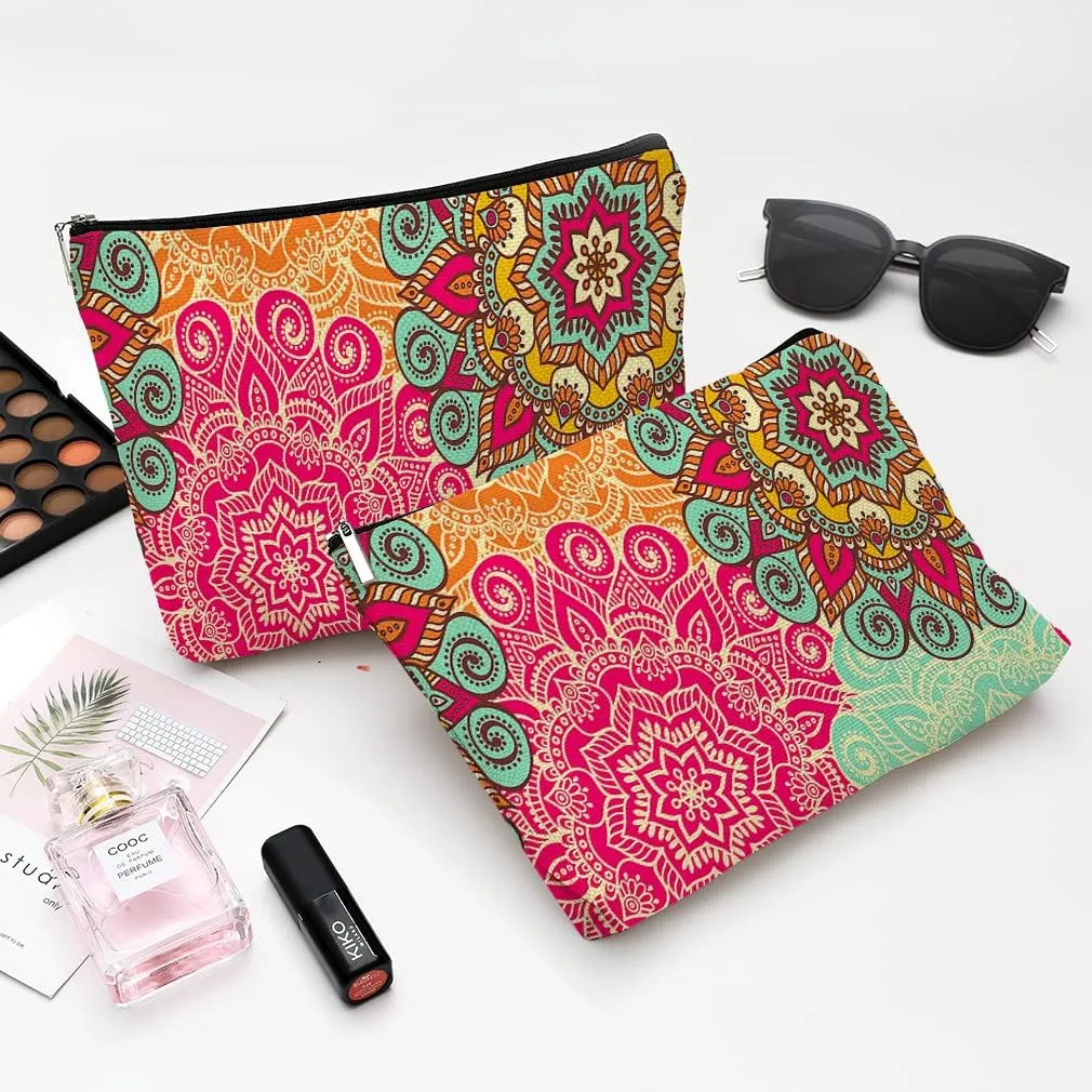 Cute Makeup Bag for Purse Canvas Waterproof Funny Cosmetic Bags for Women Zipper Travel Toiletry Pouch-Boho Flower Makeup Bags