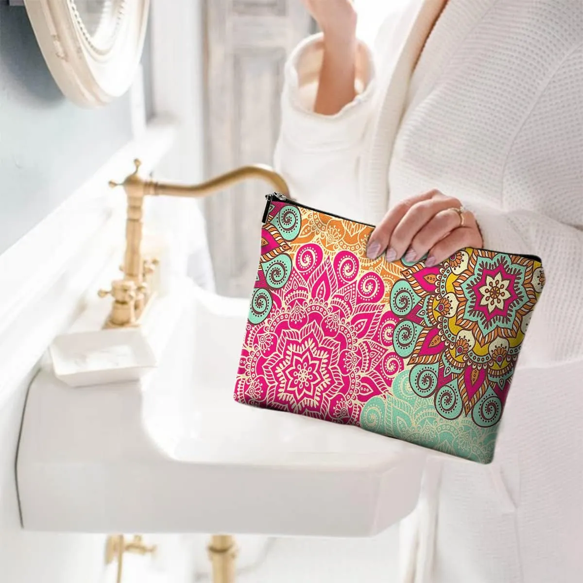Cute Makeup Bag for Purse Canvas Waterproof Funny Cosmetic Bags for Women Zipper Travel Toiletry Pouch-Boho Flower Makeup Bags