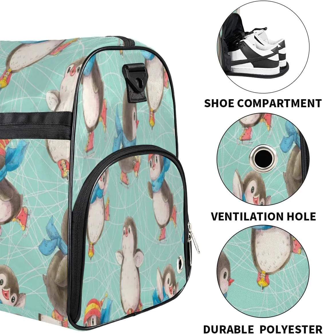Cute Penguins Pattern Sports Gym Bag for Women Men Travel Duffel Bag with Wet Pocket & Shoes Compartment Waterproof Weekender Overnight Tote Carry on Bag Lightweight