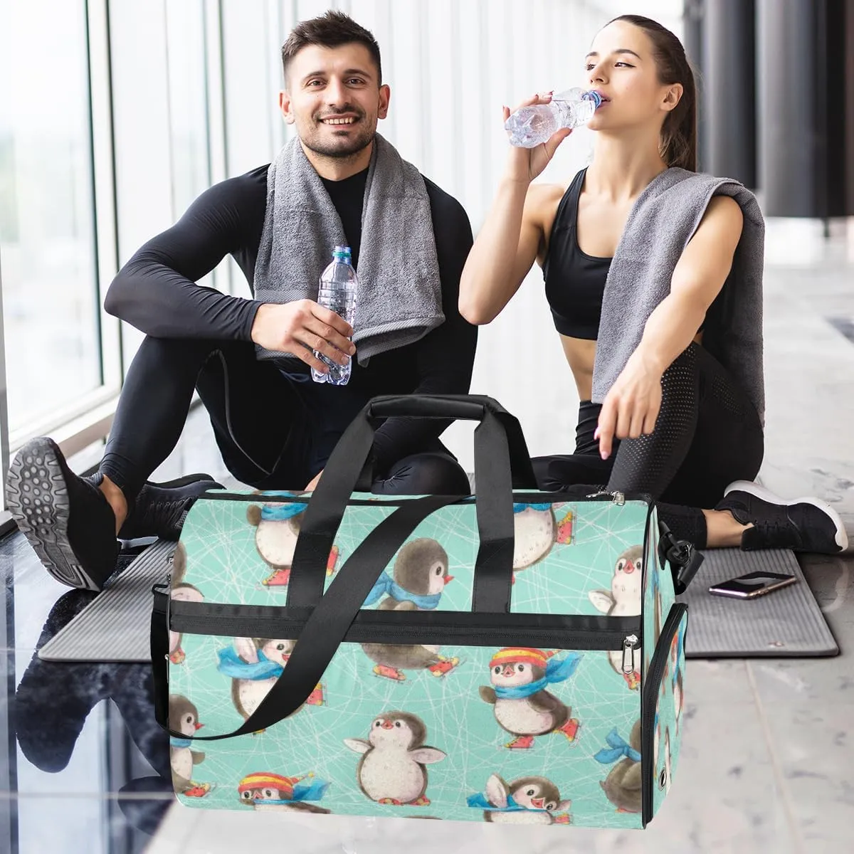 Cute Penguins Pattern Sports Gym Bag for Women Men Travel Duffel Bag with Wet Pocket & Shoes Compartment Waterproof Weekender Overnight Tote Carry on Bag Lightweight