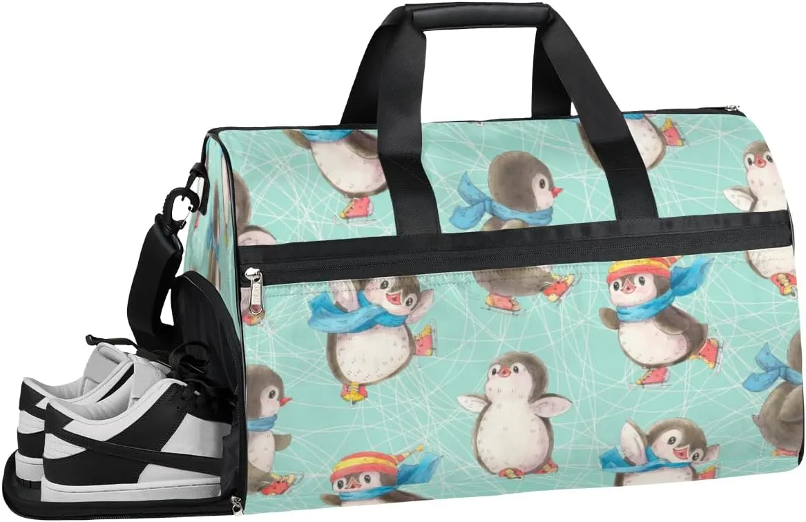 Cute Penguins Pattern Sports Gym Bag for Women Men Travel Duffel Bag with Wet Pocket & Shoes Compartment Waterproof Weekender Overnight Tote Carry on Bag Lightweight