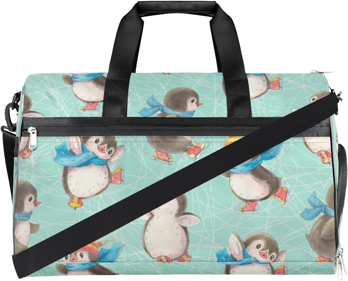 Cute Penguins Pattern Sports Gym Bag for Women Men Travel Duffel Bag with Wet Pocket & Shoes Compartment Waterproof Weekender Overnight Tote Carry on Bag Lightweight