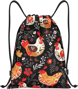 Cute Rooster Chickens Drawstring Backpack Draw String Bag Waterproof Sports Bag Gym Cinch Bags for Women Men, Medium, Black