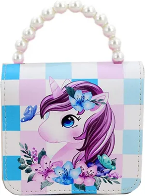 Cute Unicorn Little Girls Purse Kids Crossbody Bag Shoulder Purse Handbag with Pearl Handle
