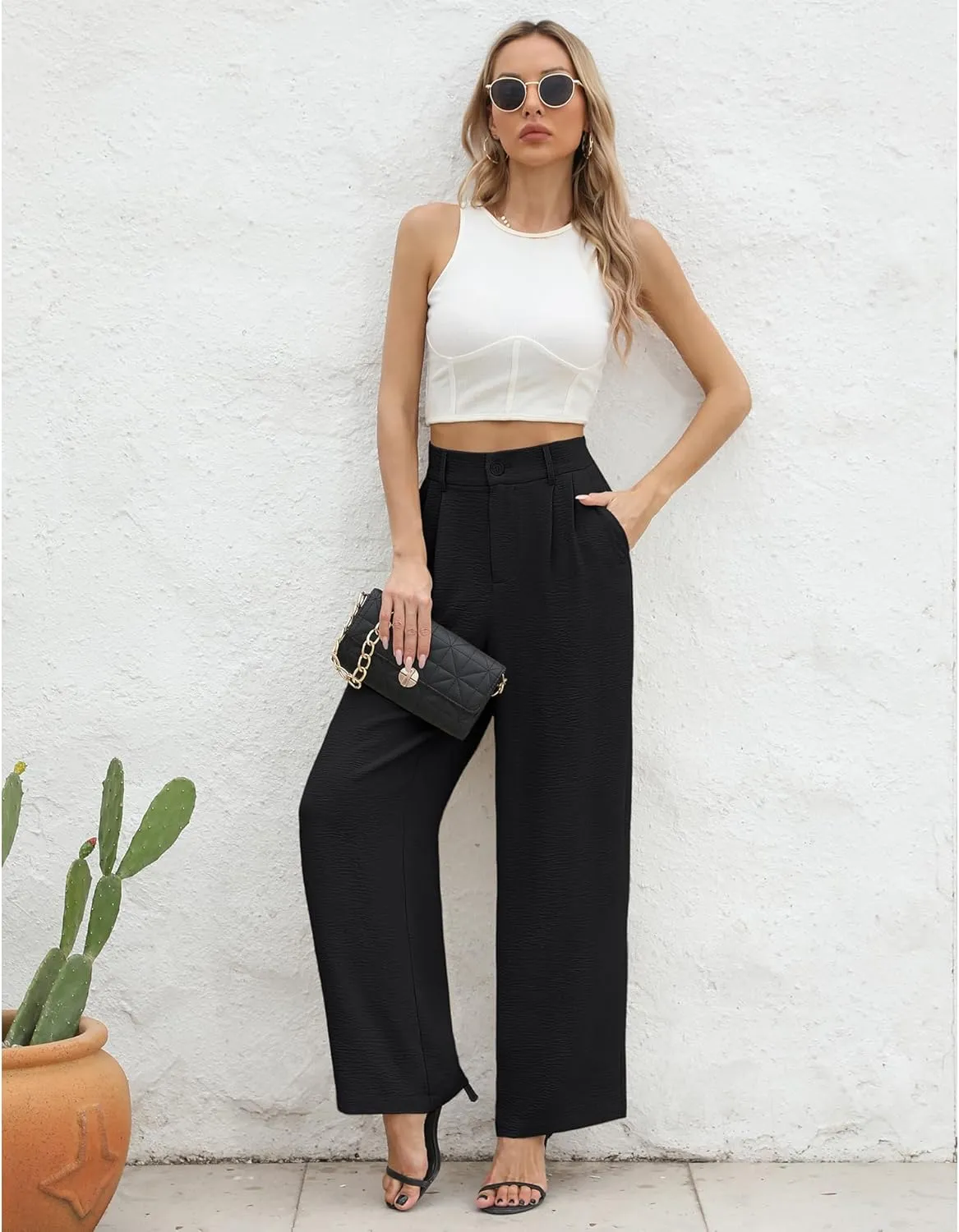 CZYINXIAN Women's Casual High Waisted Wide Leg Pants Flowy Business Work Casual Pants with Pockets