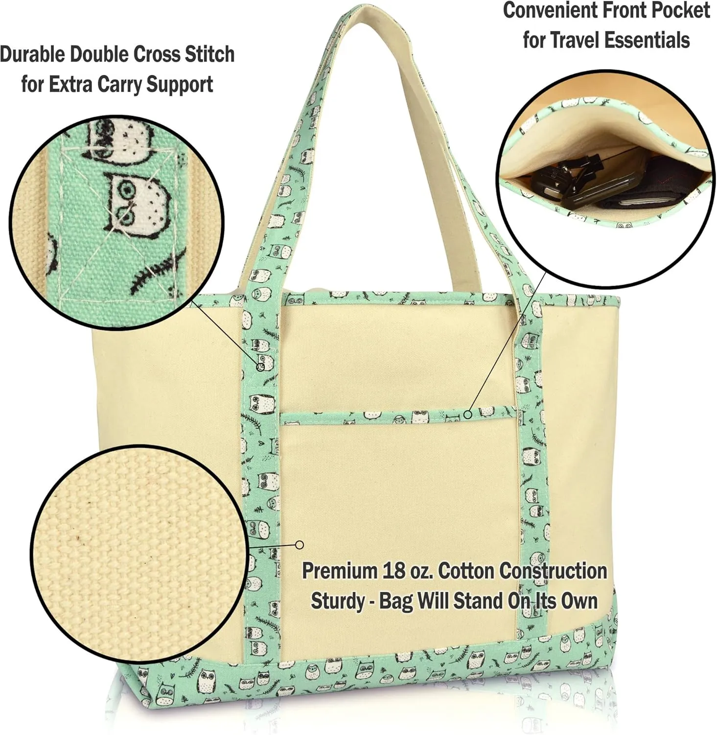 DALIX 23" Extra Large Teal Owl Tote Shoulder Bag Natural Cotton Canvas