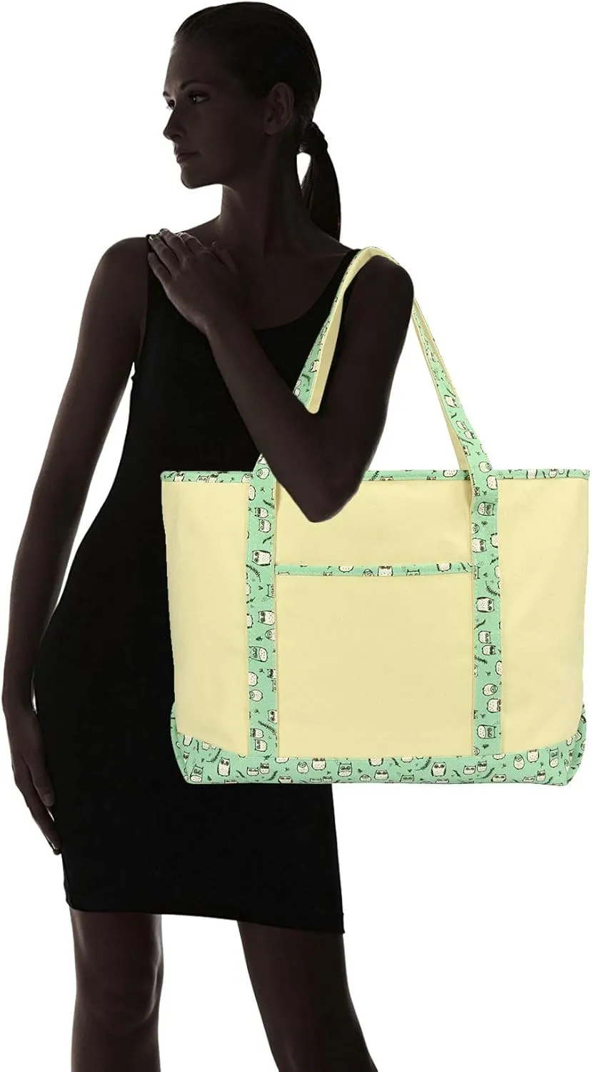 DALIX 23" Extra Large Teal Owl Tote Shoulder Bag Natural Cotton Canvas