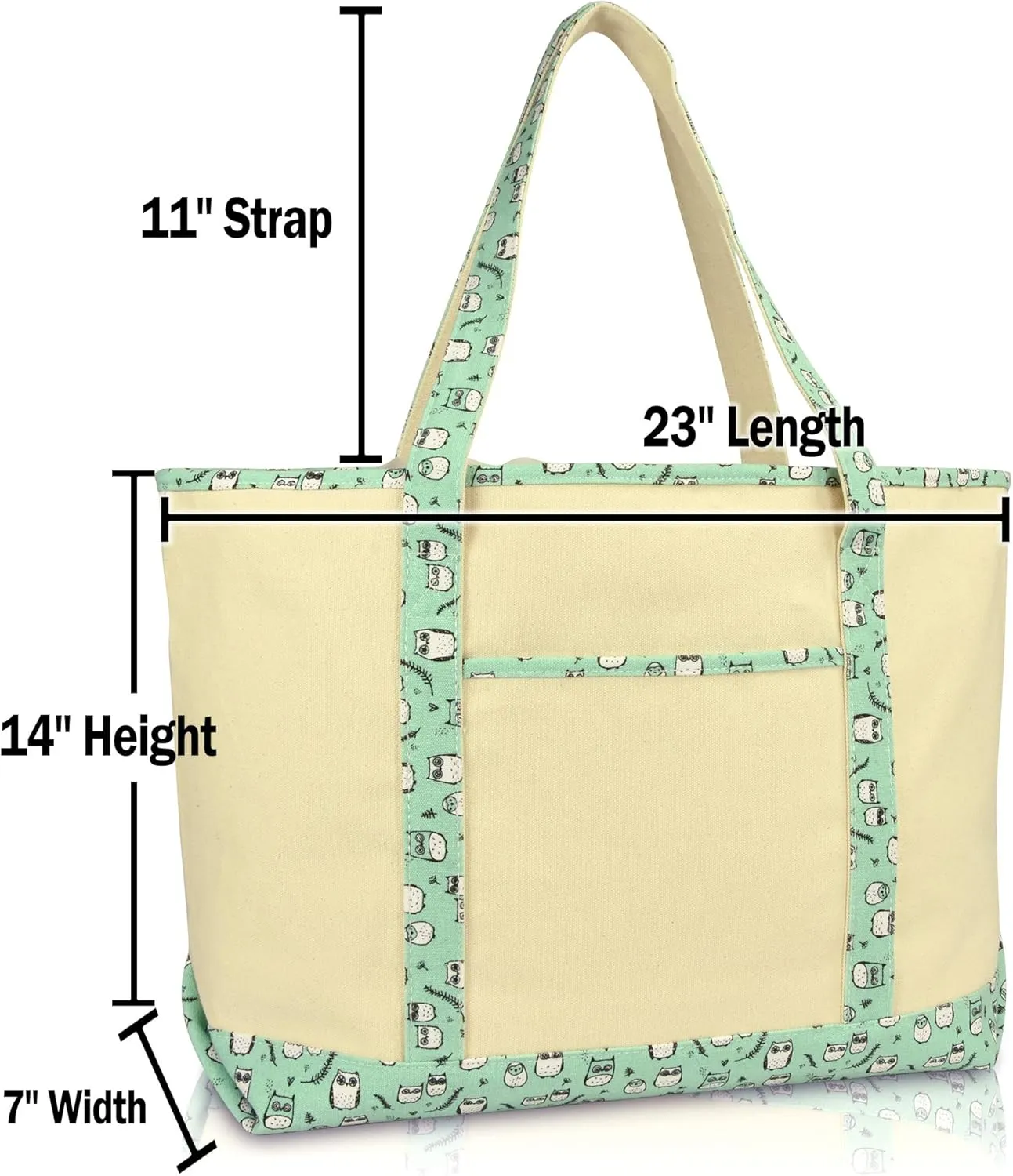 DALIX 23" Extra Large Teal Owl Tote Shoulder Bag Natural Cotton Canvas