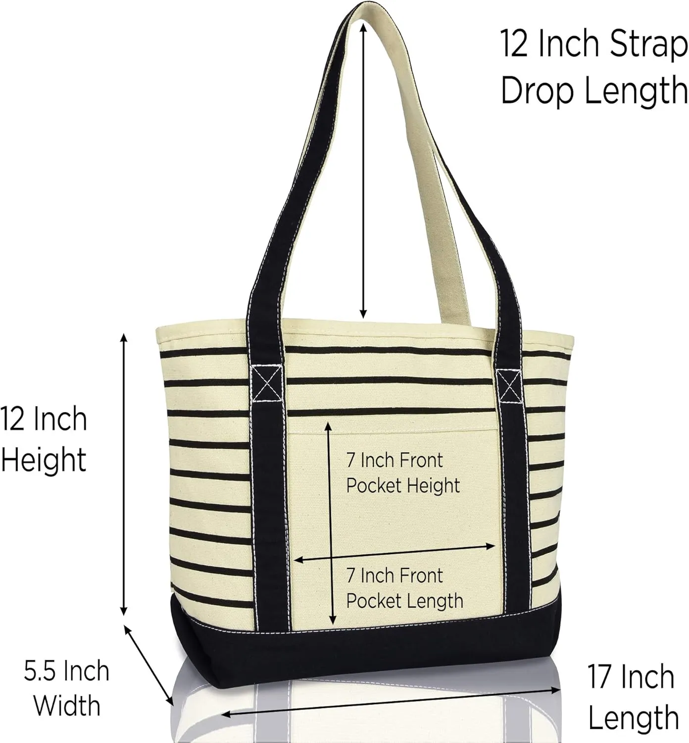DALIX Small Stripe Tote Deluxe Shoulder Bag Cotton Canvas in Black