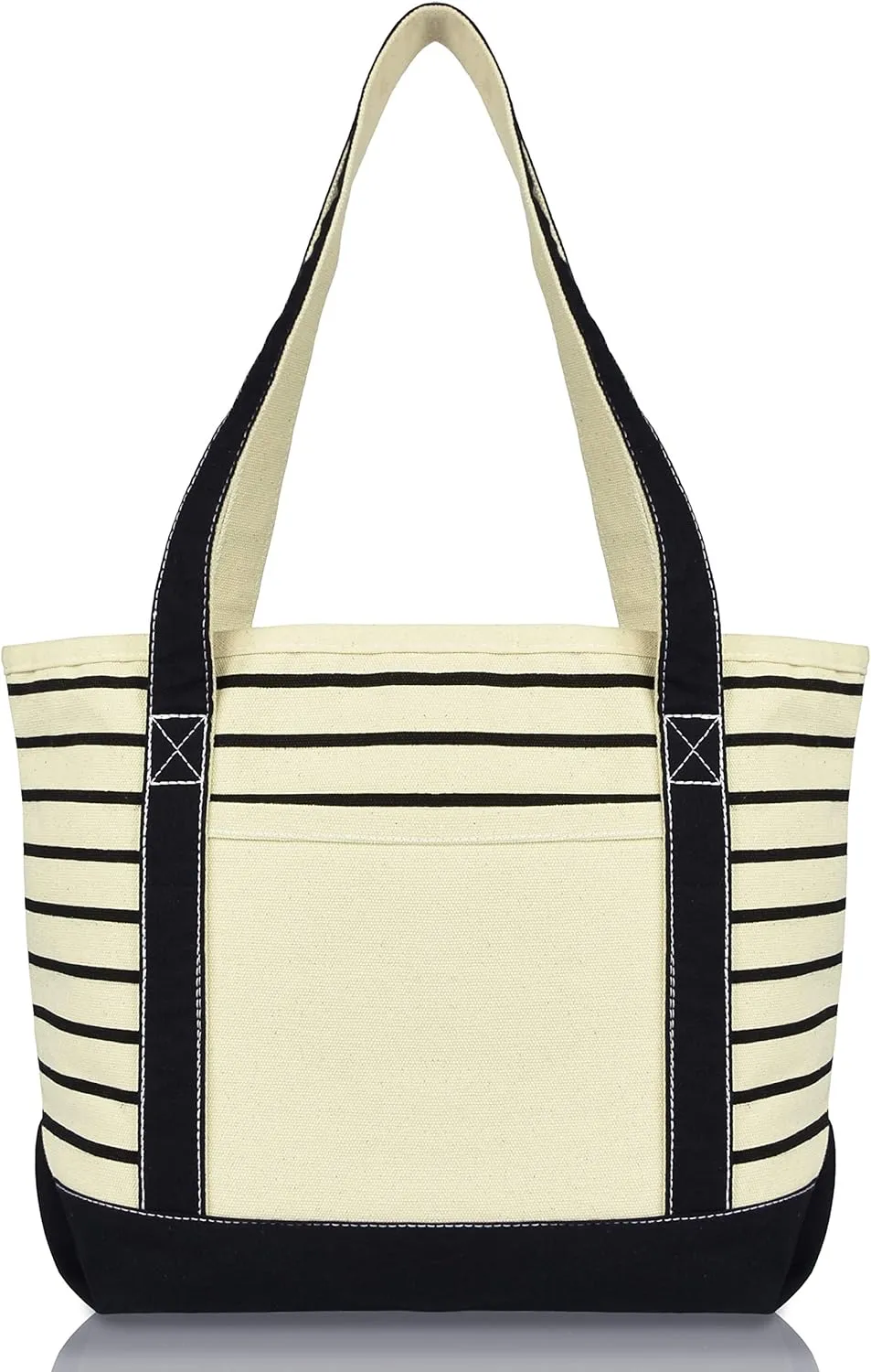 DALIX Small Stripe Tote Deluxe Shoulder Bag Cotton Canvas in Black