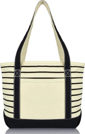 DALIX Small Stripe Tote Deluxe Shoulder Bag Cotton Canvas in Black