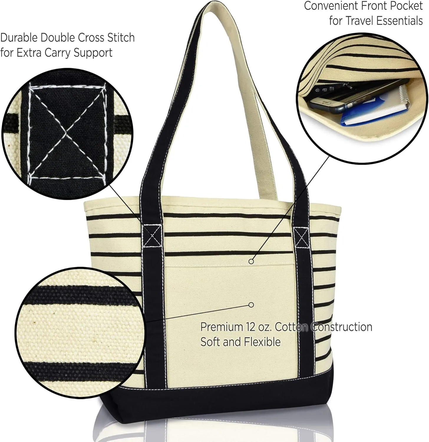 DALIX Small Stripe Tote Deluxe Shoulder Bag Cotton Canvas in Black