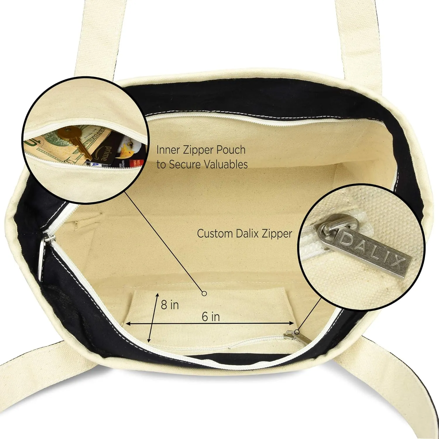 DALIX Small Stripe Tote Deluxe Shoulder Bag Cotton Canvas in Black