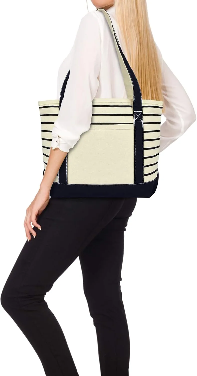 DALIX Small Stripe Tote Deluxe Shoulder Bag Cotton Canvas in Black