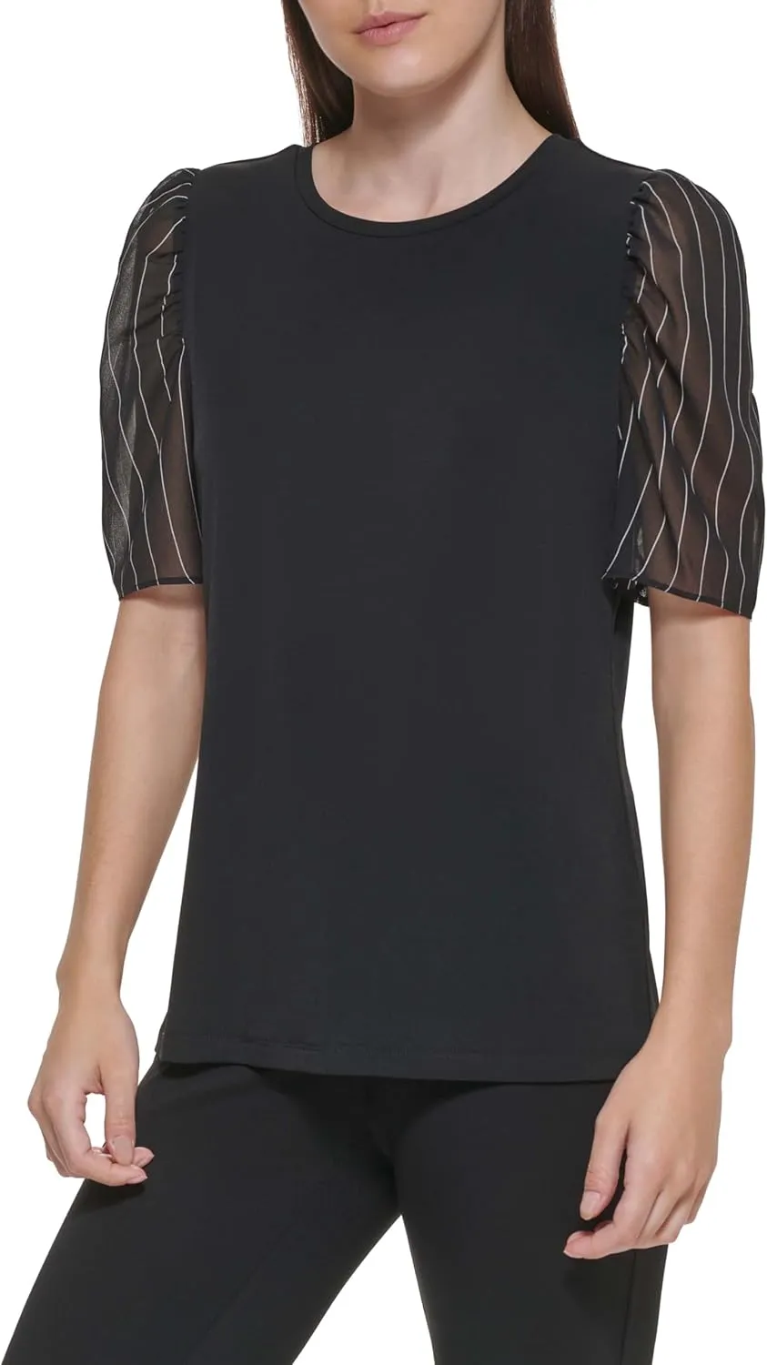 DKNY Women's Printed Mixed Media Puffy Short Sleeve Shirt