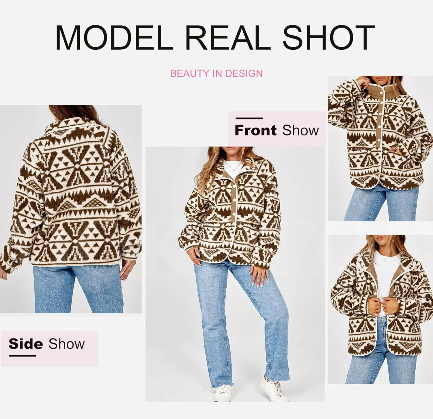 Dokotoo Women Fleece Jacket Casual Long Sleeve Sherpa Button Down Jackets for Women Printed Warm Coats With Pockets