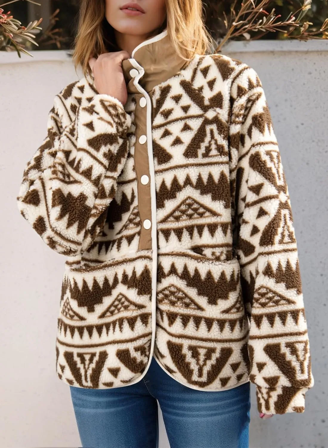 Dokotoo Women Fleece Jacket Casual Long Sleeve Sherpa Button Down Jackets for Women Printed Warm Coats With Pockets