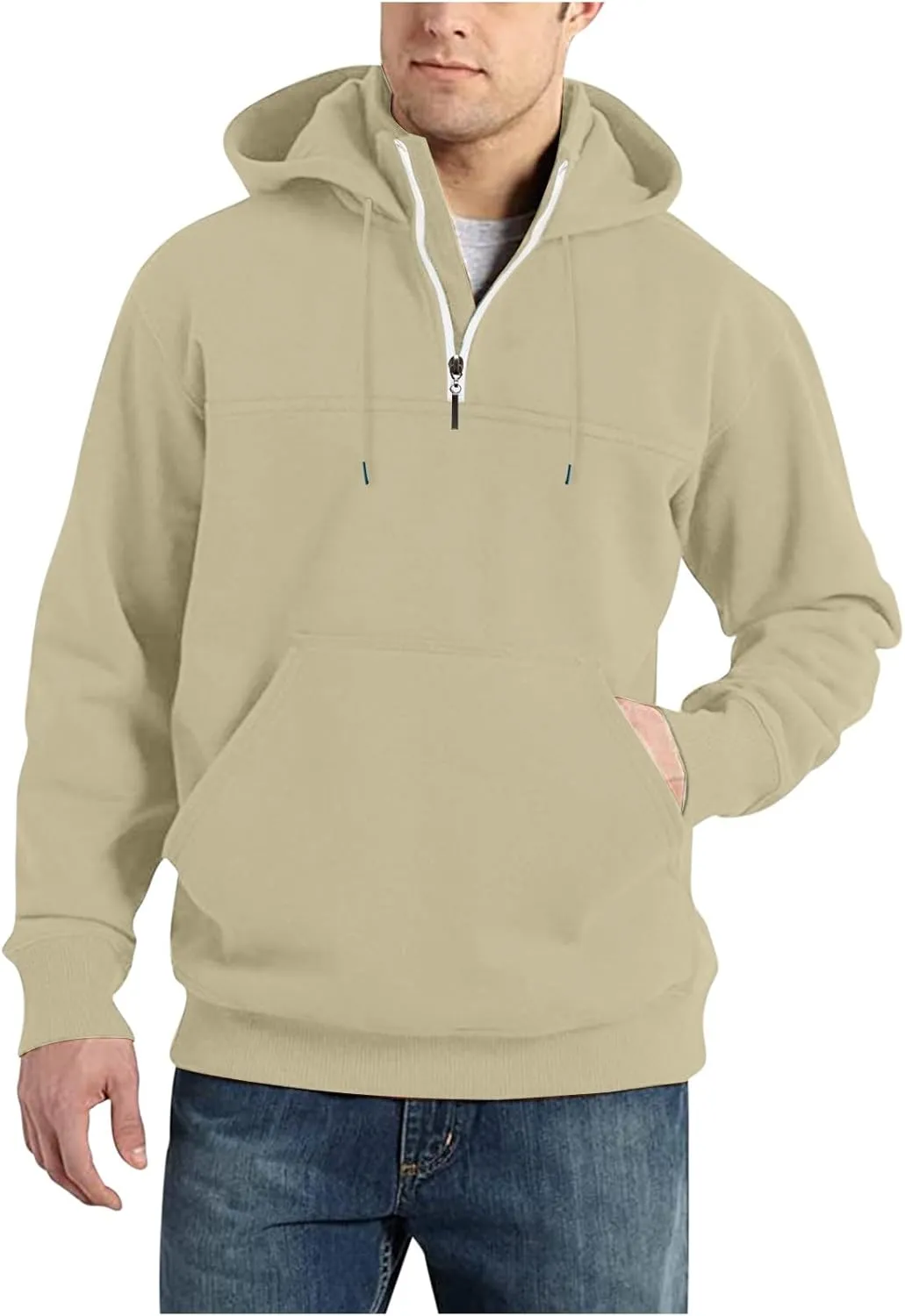 DOLKFU Men's Quarter Zip Hoodies Simple Solid Color Long Sleeve Sweatshirts Loose Fit Trendy Hooded Tops with Pocket