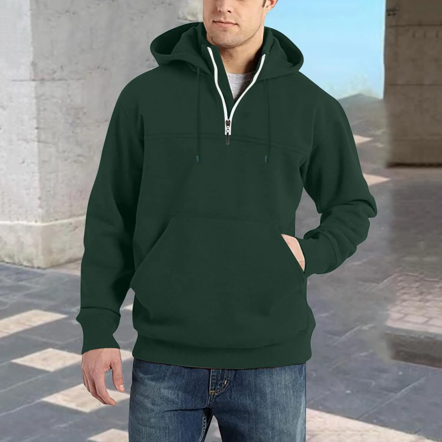 DOLKFU Men's Quarter Zip Hoodies Simple Solid Color Long Sleeve Sweatshirts Loose Fit Trendy Hooded Tops with Pocket