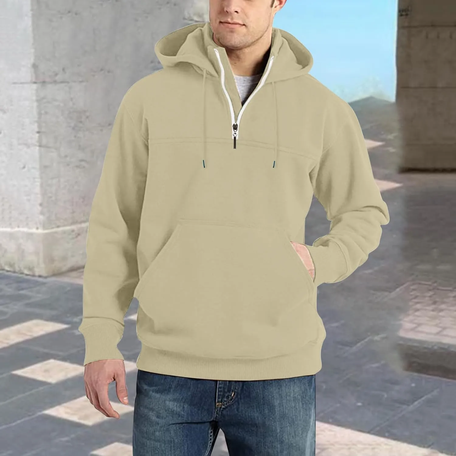 DOLKFU Men's Quarter Zip Hoodies Simple Solid Color Long Sleeve Sweatshirts Loose Fit Trendy Hooded Tops with Pocket