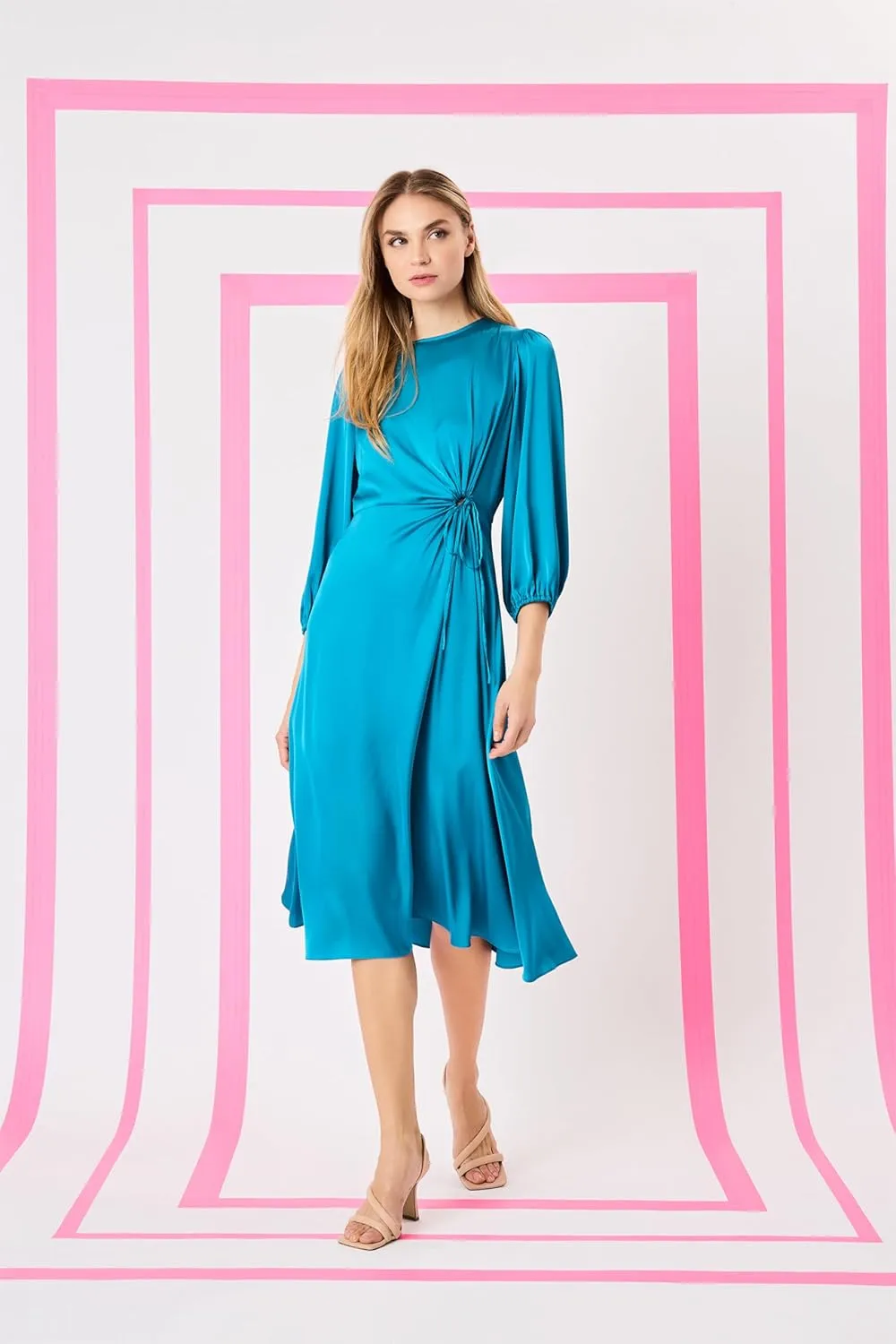 Donna Morgan Women's Long Sleeve Midi Wrap Dress with Tunneled Waist Tie - Business Casual & Work Dresses