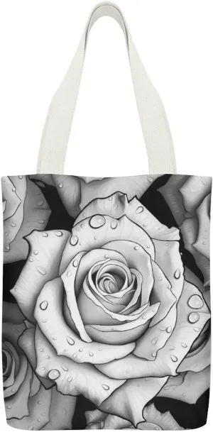 Double-sided Black White Rose Printed Canvas Tote Bag, Printed Simple Tote Bag, Shoulder Tote Bag, Canvas Bag with Inner Pocket