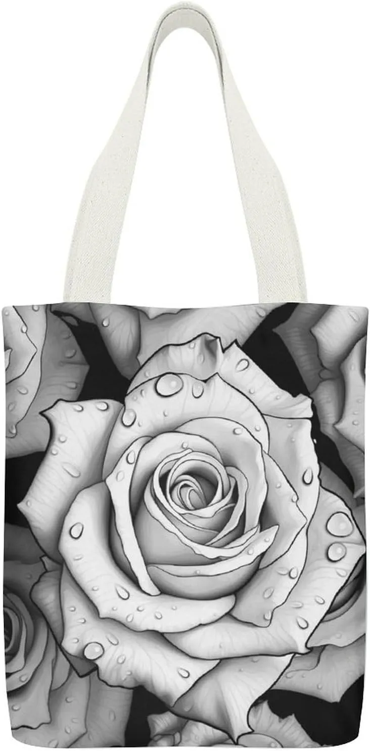 Double-sided Black White Rose Printed Canvas Tote Bag, Printed Simple Tote Bag, Shoulder Tote Bag, Canvas Bag with Inner Pocket