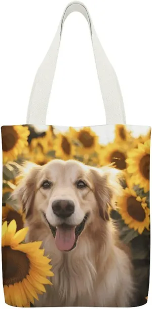 Double-sided Dog And Sunflower Printed Canvas Tote Bag, Printed Simple Tote Bag, Shoulder Tote Bag, Canvas Bag with Inner Pocket