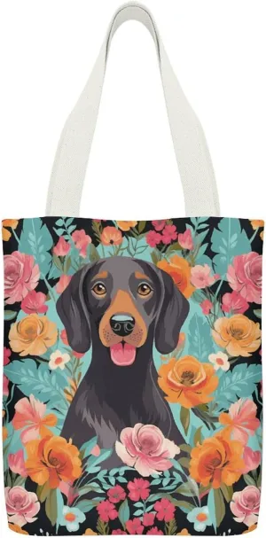 Double-sided Dog Floral Printed Canvas Tote Bag, Printed Simple Tote Bag, Shoulder Tote Bag, Canvas Bag with Inner Pocket