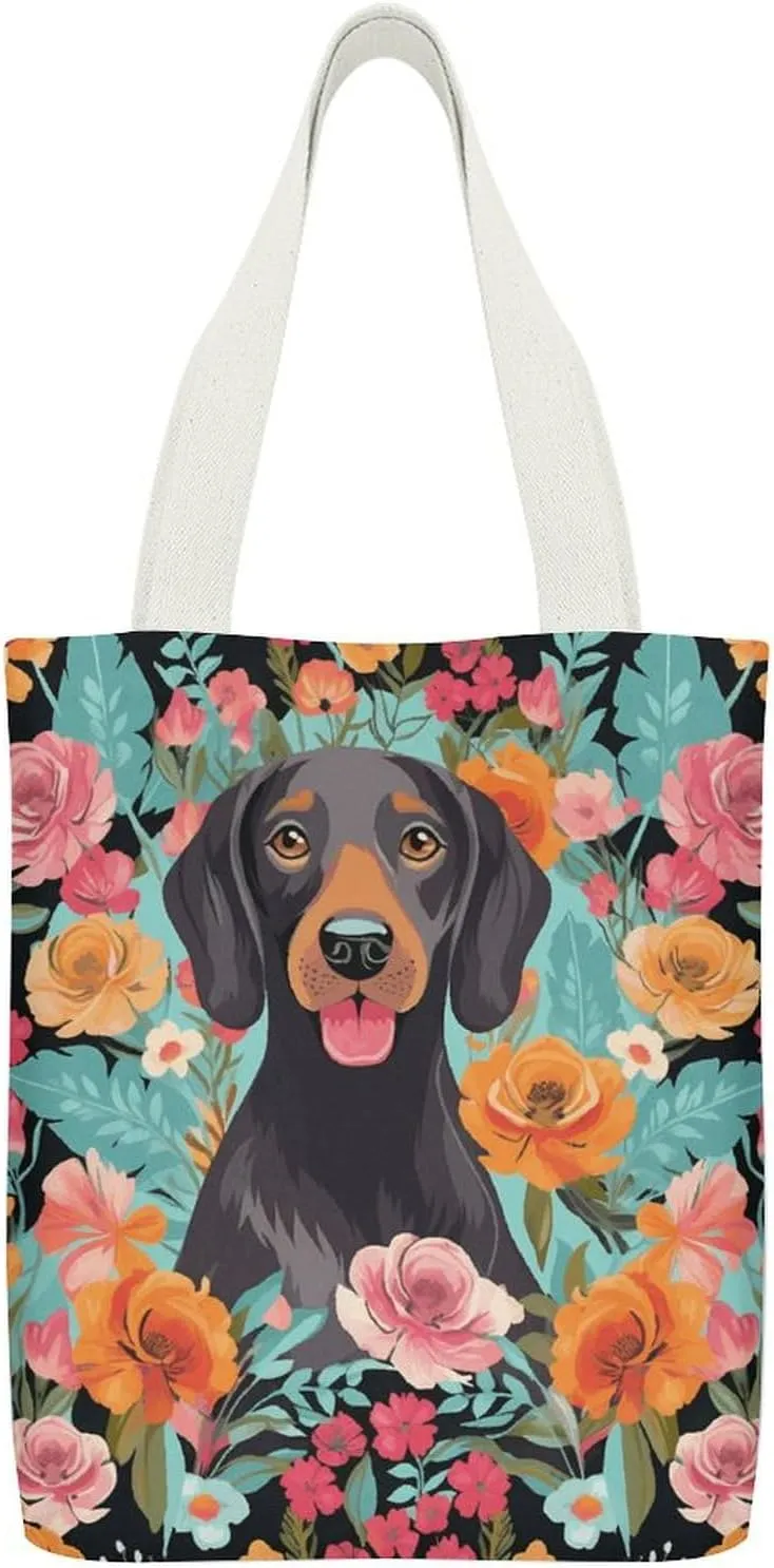 Double-sided Dog Floral Printed Canvas Tote Bag, Printed Simple Tote Bag, Shoulder Tote Bag, Canvas Bag with Inner Pocket