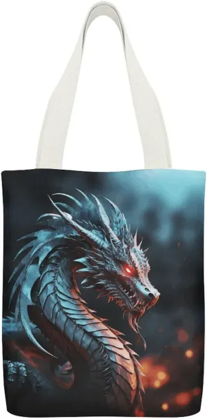 Double-sided Dragon Printed Canvas Tote Bag, Printed Simple Tote Bag, Shoulder Tote Bag, Canvas Bag with Inner Pocket
