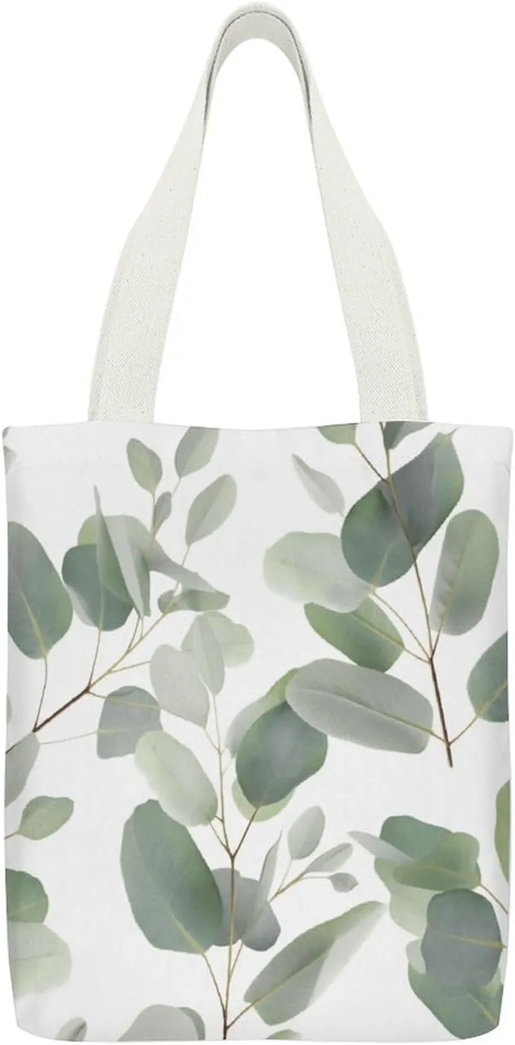 Double-sided Eucalyptus Leaves Printed Canvas Tote Bag, Printed Simple Tote Bag, Shoulder Tote Bag, Canvas Bag with Inner Pocket