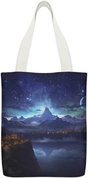 Double-sided Fantasy Night Scene Printed Canvas Tote Bag, Printed Simple Tote Bag, Shoulder Tote Bag, Canvas Bag with Inner Pocket