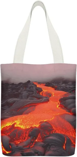 Double-sided Red Lava Printed Canvas Tote Bag, Printed Simple Tote Bag, Shoulder Tote Bag, Canvas Bag with Inner Pocket