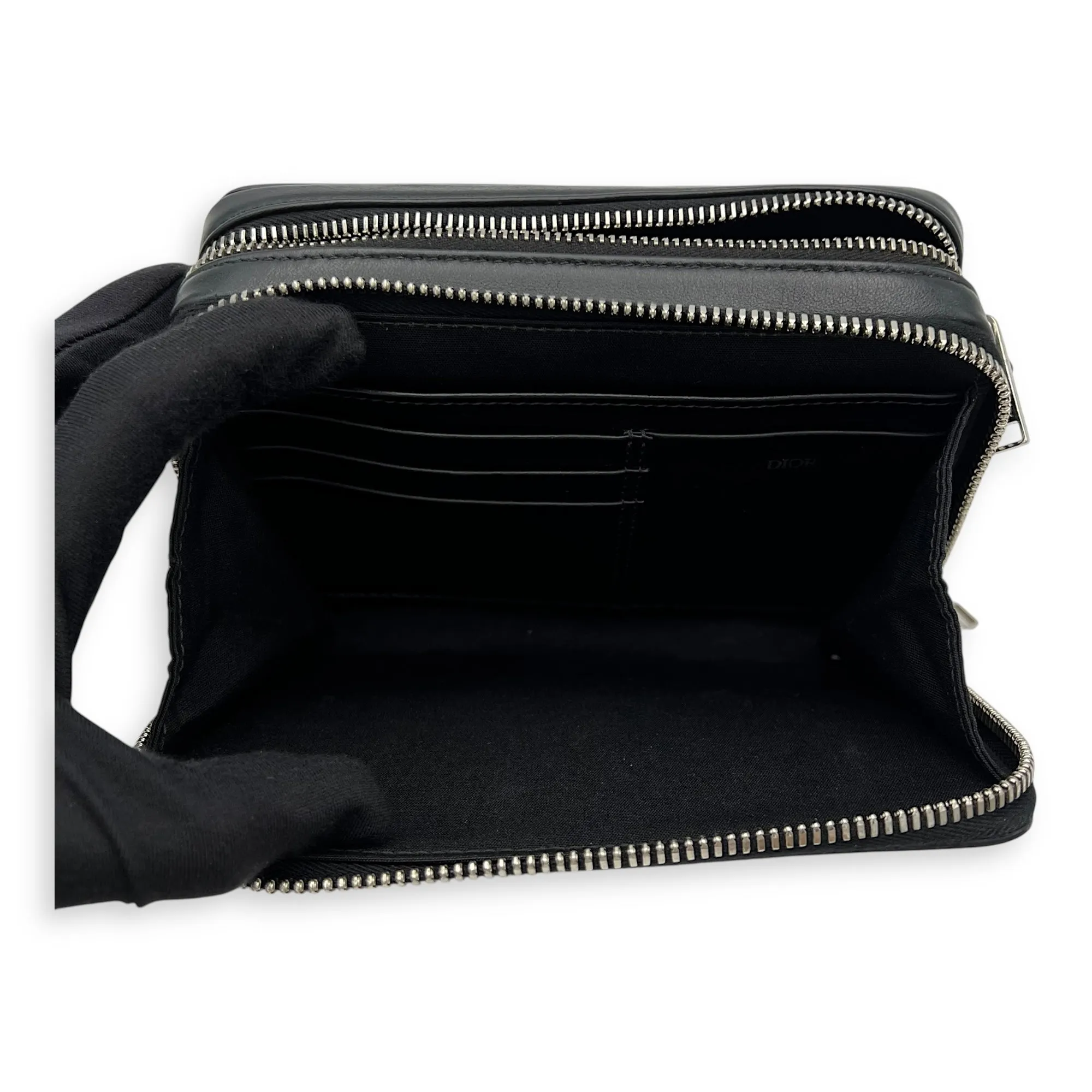 Double Zip Small Black Galaxy Leather Crossbody Bag in Calfskin, Silver hardware