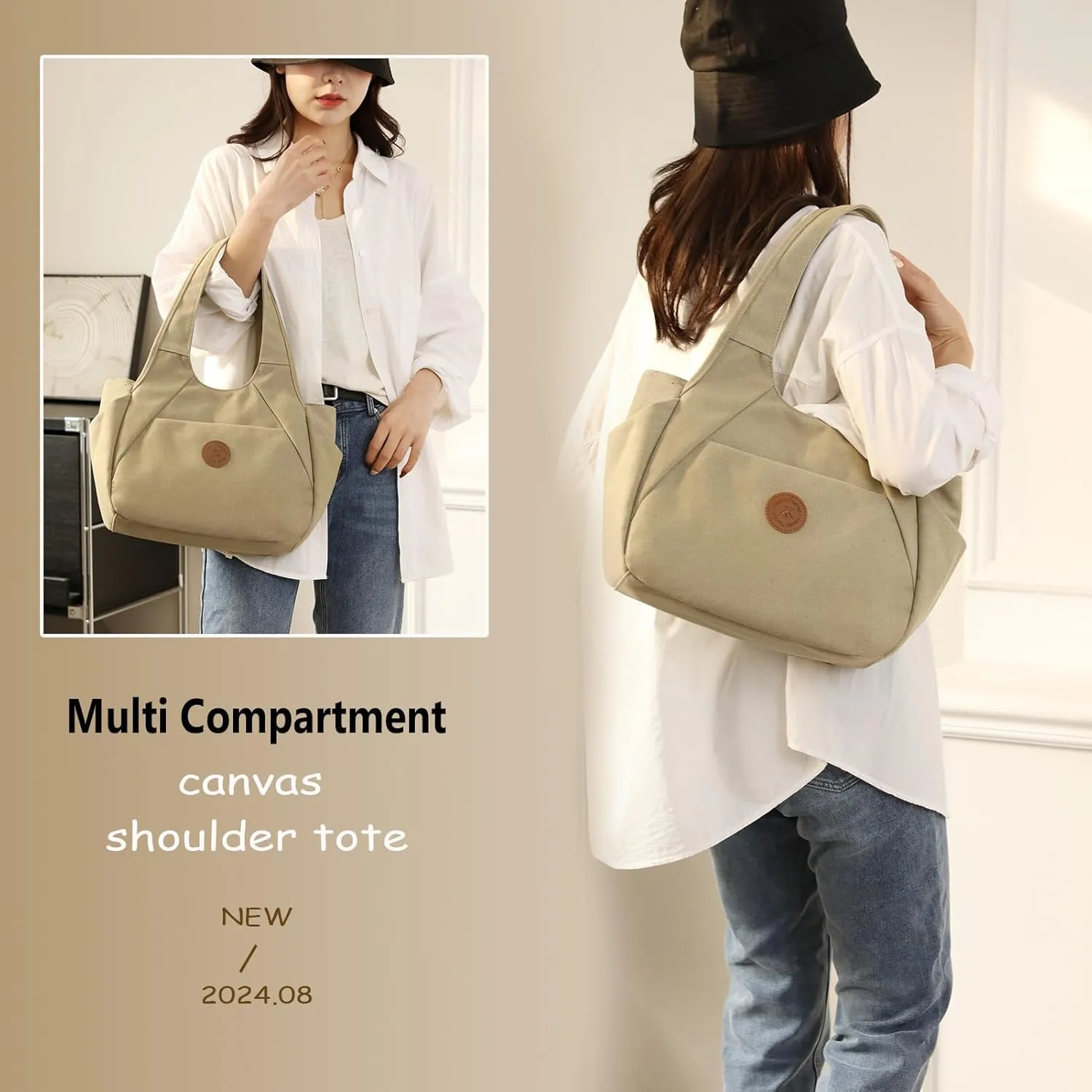DOURR Light Women's Hobo Purses and Handbags with 3 Compartments Durable Cotton Canvas Shoulder Bag Daily Tote