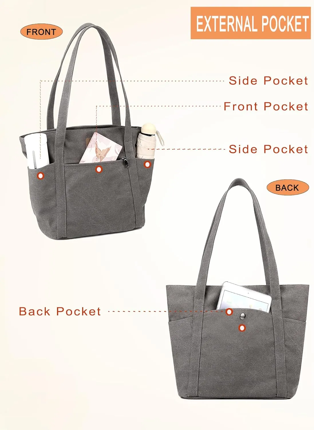 DOURR Womens Shoulder Handbags Heavy Duty Canvas Work Tote Retro Bucket Bag