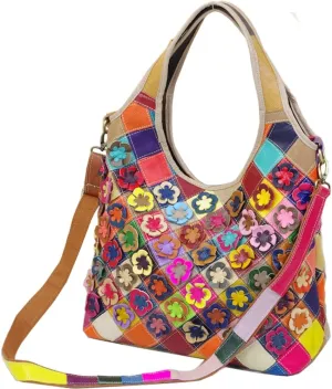 Downupdown Genuine Leather Handbags for Women Designer Shoulder Bag 3D Floral Hobo Tote Bags Satchel Purses Crossbody Bag